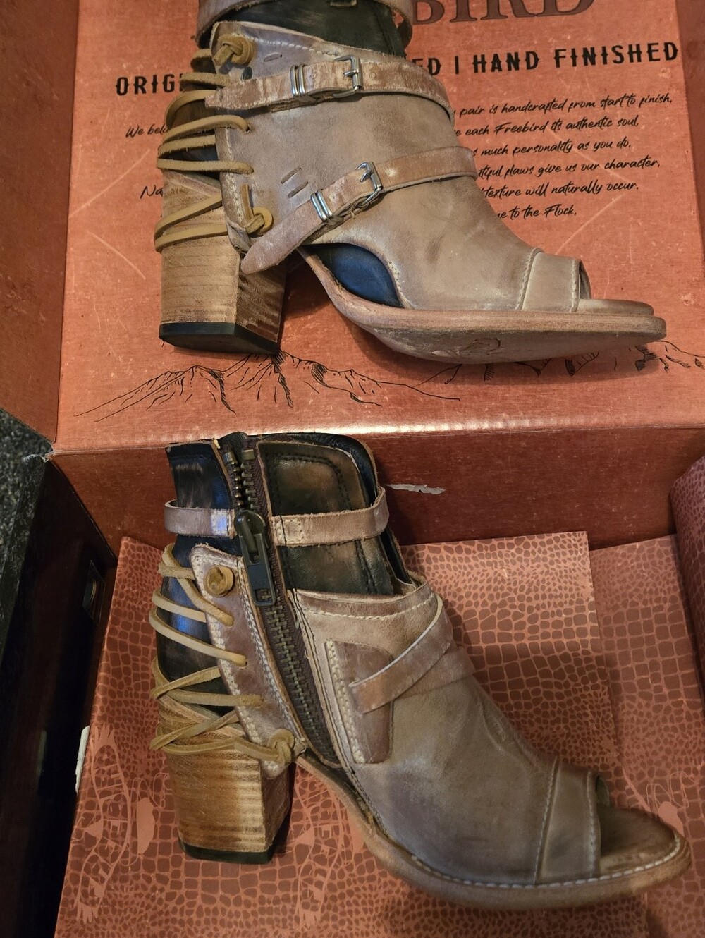 Freebird "Carterr" by Steven Taupe Open-Toe Lace-Up Block Heel Booties